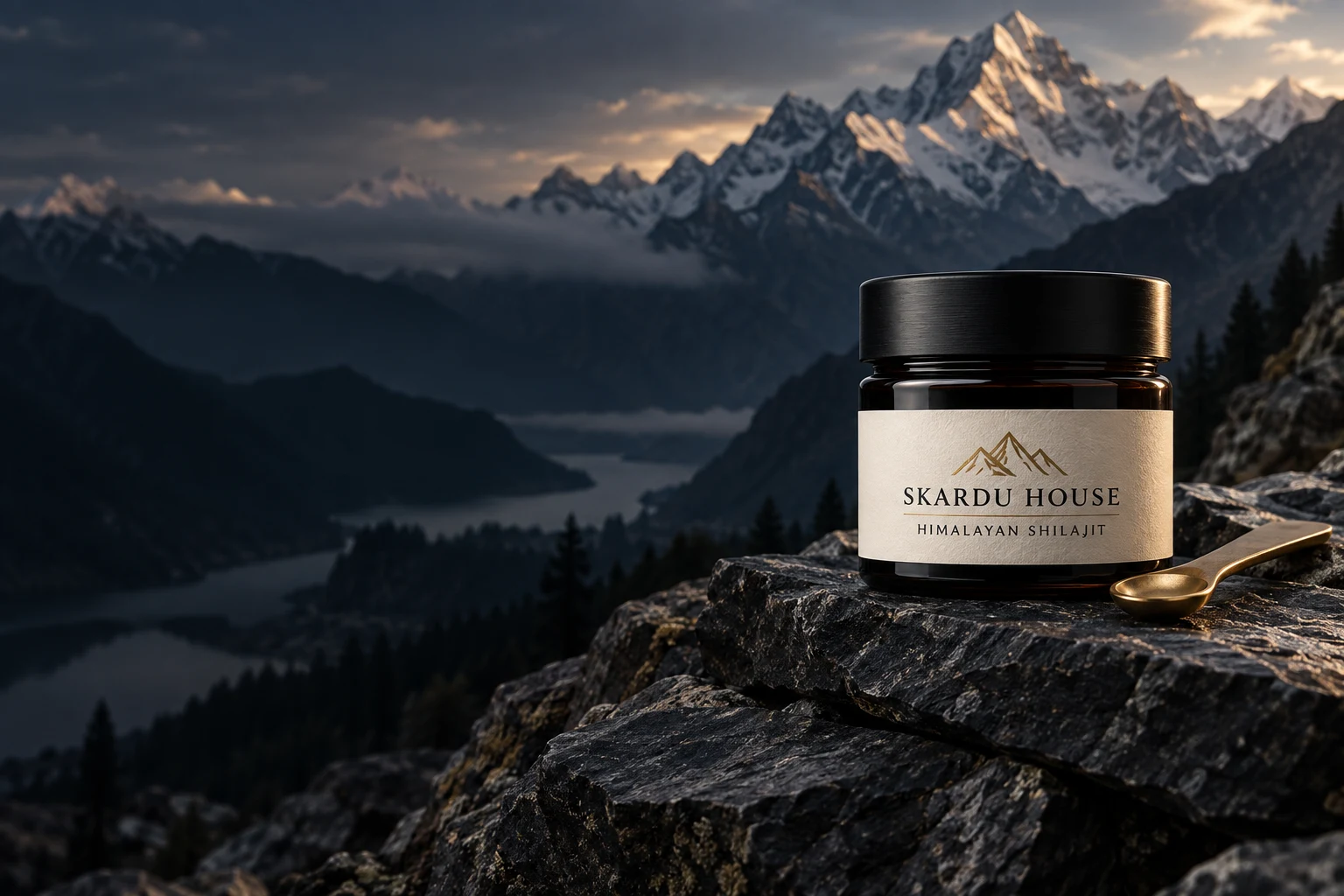 Skardu House shilajit concept packaging on slate in a mountain-inspired setting
